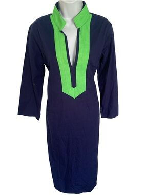 Sail to Sable  Navy Midi Dress with Lime Green V-Trim - L
